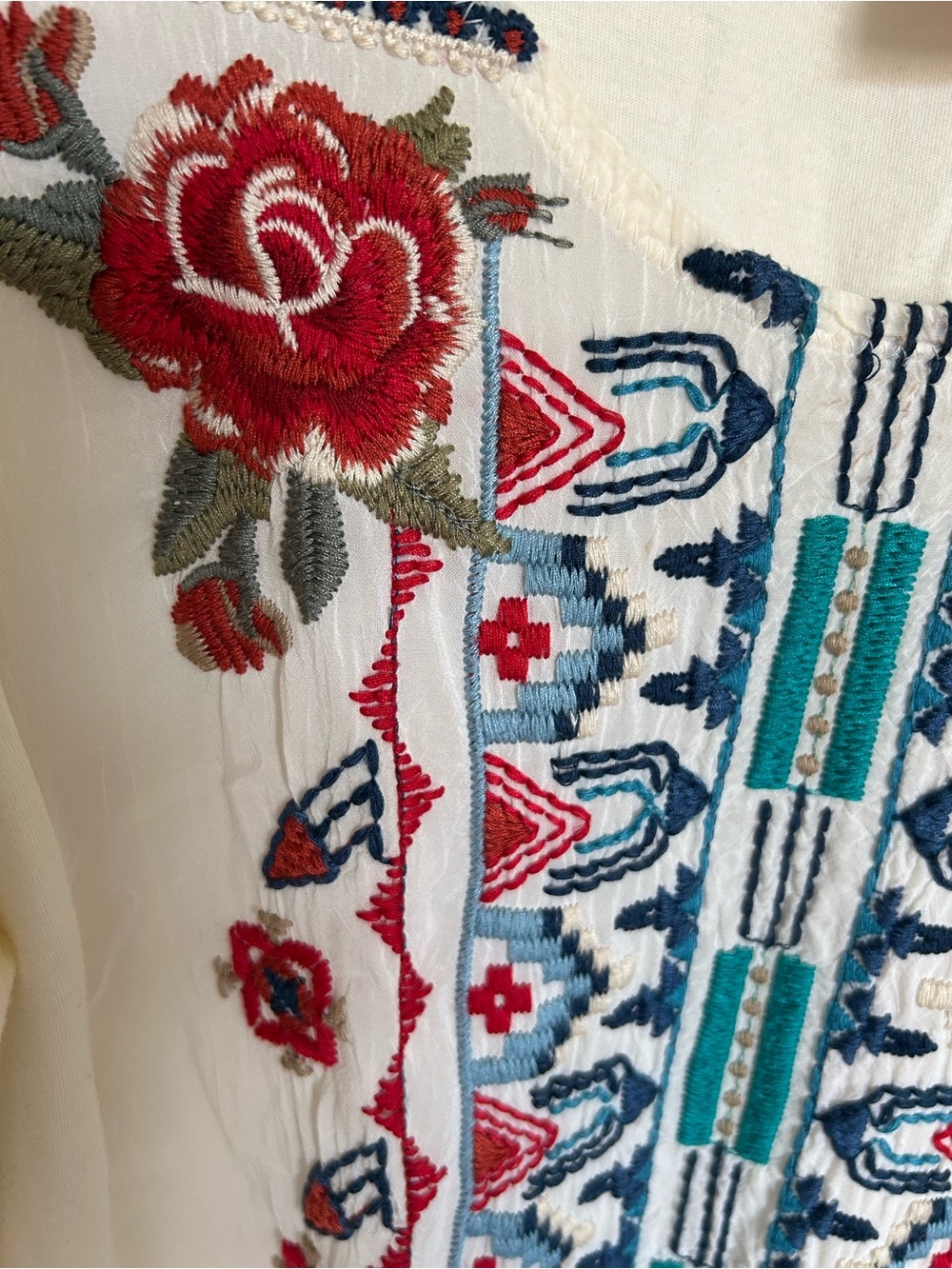 Johnny Was Cream Long Sleeve Embroidered Boho Dress with Red and Teal Accents - Picture 3 of 7